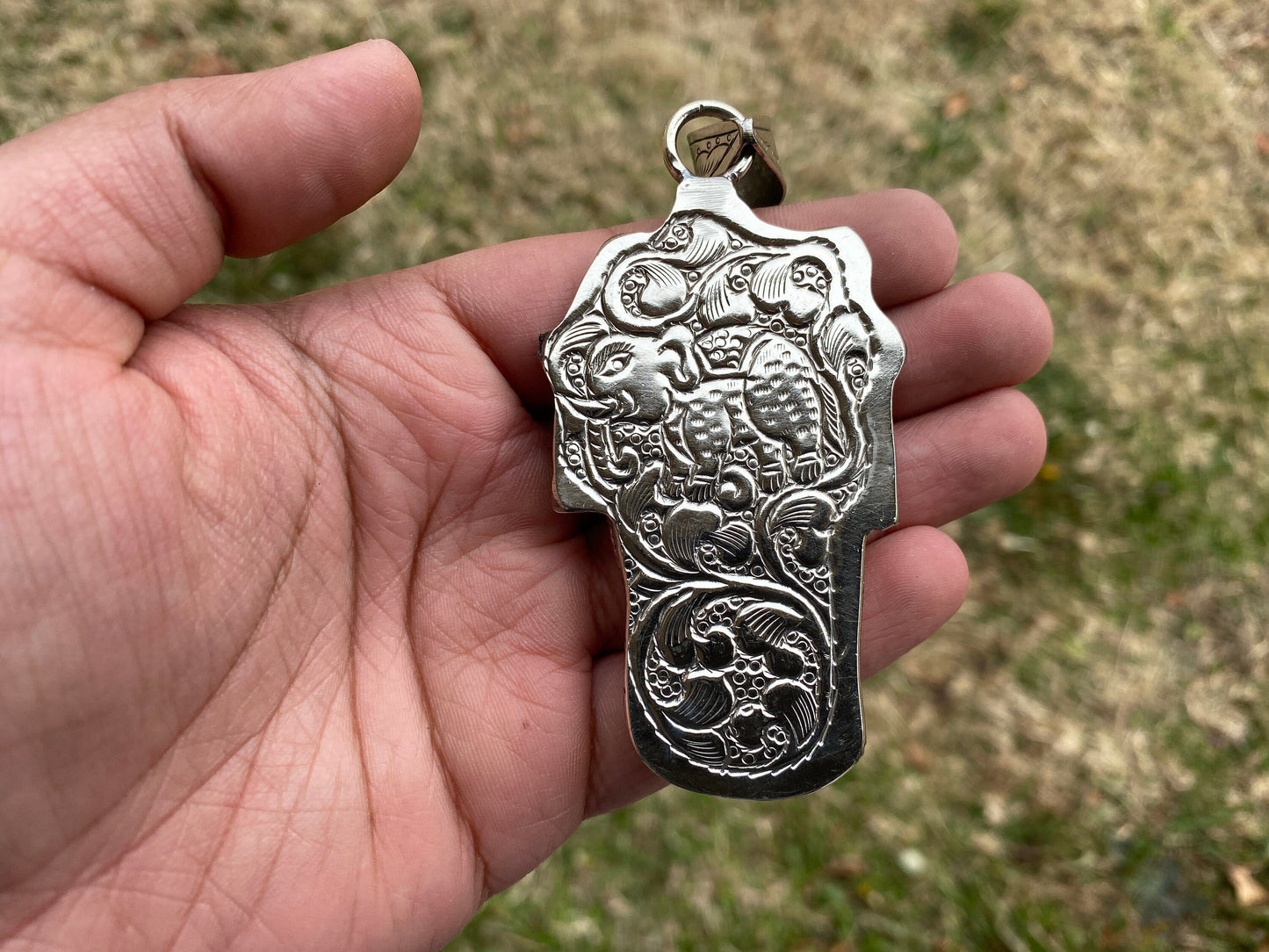 Large Skull with Eagle Carved Buffalo Bone Tibetan Silver Pendant, Unisex Skull Pendant, Jewelry for Men or Women, Sugar Skull, Skeleton