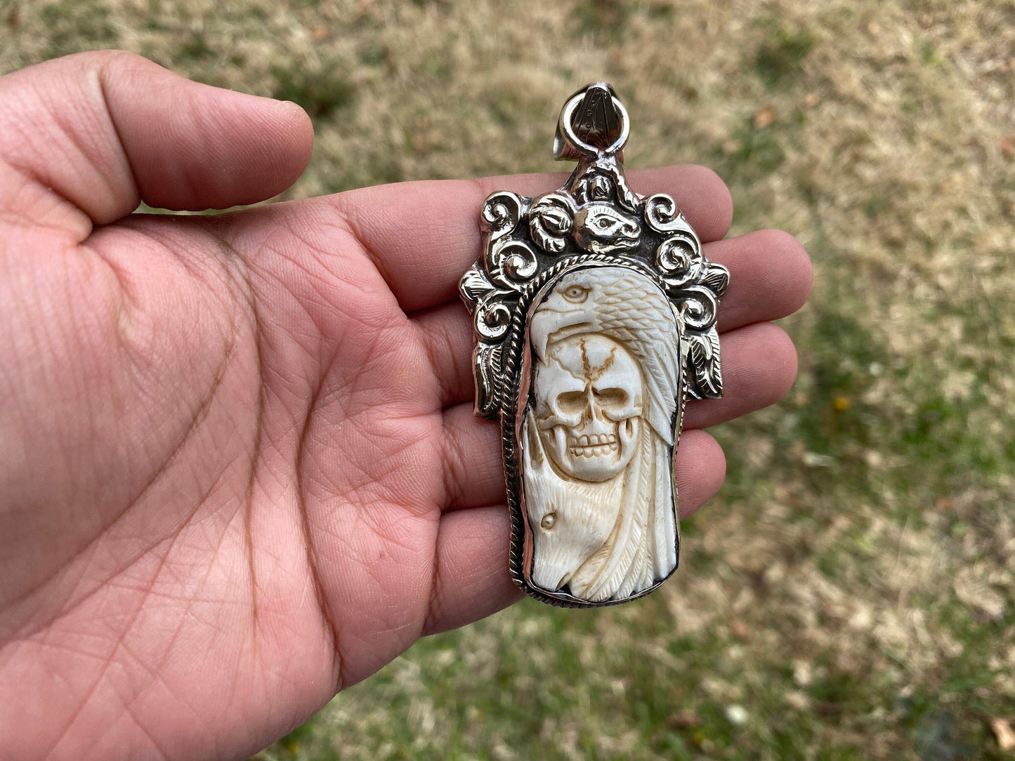 Large Skull with Eagle Carved Buffalo Bone Tibetan Silver Pendant, Unisex Skull Pendant, Jewelry for Men or Women, Sugar Skull, Skeleton