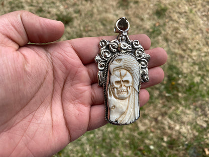 Large Skull with Eagle Carved Buffalo Bone Tibetan Silver Pendant, Unisex Skull Pendant, Jewelry for Men or Women, Sugar Skull, Skeleton