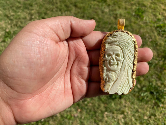 Large Skull with Eagle Pendant, High Quality 18K Brushed Gold Overlay Non Tarnish, Carved Buffalo Bone, Unisex Skull Pendant, Bikers Jewelry