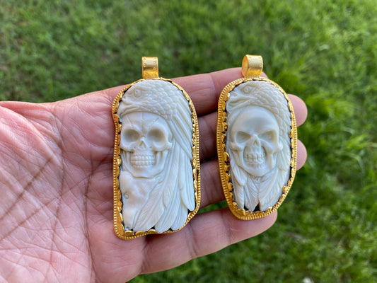 Large Skull with Eagle Pendant, High Quality 18K Matte Gold Overlay Non Tarnish, Carved Buffalo Bone, Unisex Skull Pendant, for Men or Women