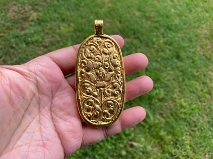 Large Skull with Flower Carved Buffalo Bone, High Quality 18K Matte Gold Overlay Non Tarnish Pendant, Unisex Skull Pendant, for Men or Women