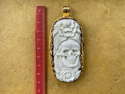 Large Skull with Flower Carved Buffalo Bone, High Quality 18K Matte Gold Overlay Non Tarnish Pendant, Unisex Skull Pendant, for Men or Women