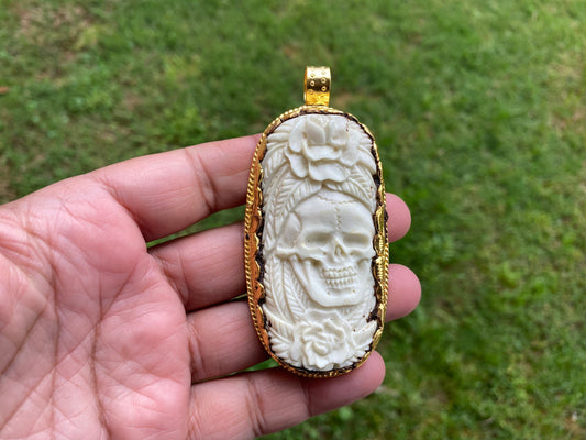 Large Skull with Flower Carved Buffalo Bone, High Quality 18K Matte Gold Overlay Non Tarnish Pendant, Unisex Skull Pendant, for Men or Women