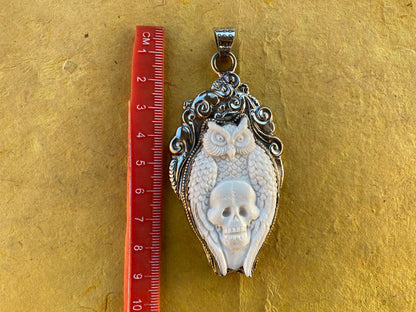 Large Skull with Owl Hand Carved Buffalo Bone Tibetan Silver Pendant, Bone Skull Jewelry for Men or Women, Ethnic Jewelry, Bone Locket