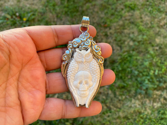 Large Skull with Owl Hand Carved Buffalo Bone Tibetan Silver Pendant, Bone Skull Jewelry for Men or Women, Ethnic Jewelry, Bone Locket