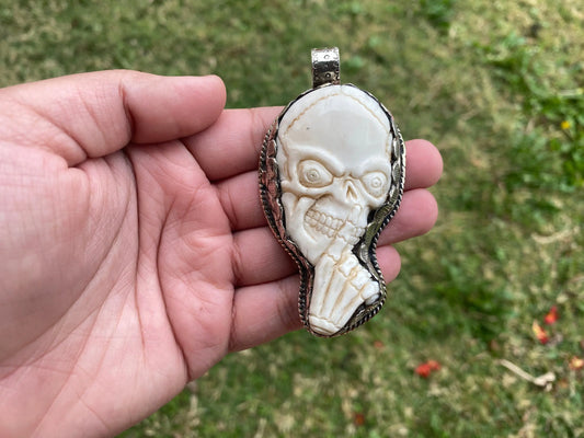 Large Skull with Skeleton Hand Bone Carved Tibetan Silver Pendant, Shut Up Sign, Funny Gift, Adult Gifts, Offensive Gifts, Teen Jewelry