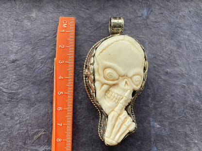 Large Skull with Skeleton Hand Bone Carved Tibetan Silver Pendant, Shut Up Sign, Funny Gift, Adult Gifts, Offensive Gifts, Teen Jewelry