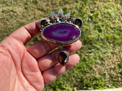 Large Slice Druzy Agate With Smoky Quartz Gemstone Tibetan Silver Pendant, Natural Stone, Flower Designs Necklace Pendant, Ethnic Jewelry