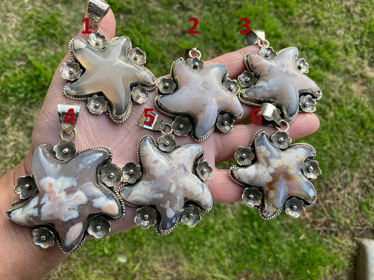 Large Starfish Tibetan Silver Pendant, Lace Agate Natural Stone, Unique Christmas Gift, Focal Pendant, Cool Pendant, Healing Crystal Jewelry