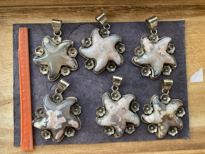 Large Starfish Tibetan Silver Pendant, Lace Agate Natural Stone, Unique Christmas Gift, Focal Pendant, Cool Pendant, Healing Crystal Jewelry