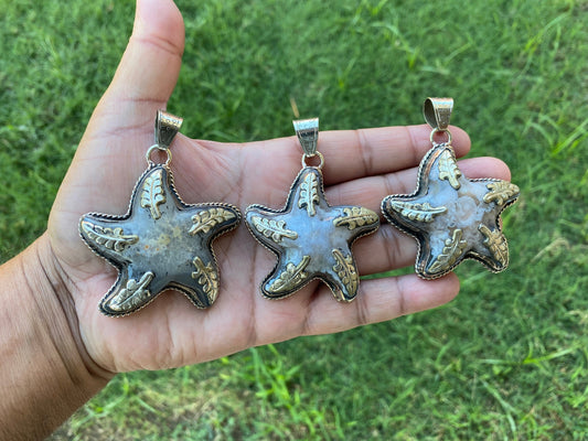 Large Stone Starfish Druzy Agate Tibetan Silver Pendant, Unique Christmas Gift, Focal Pendant, Natural Stone Cool Pendant, Healing Crystal