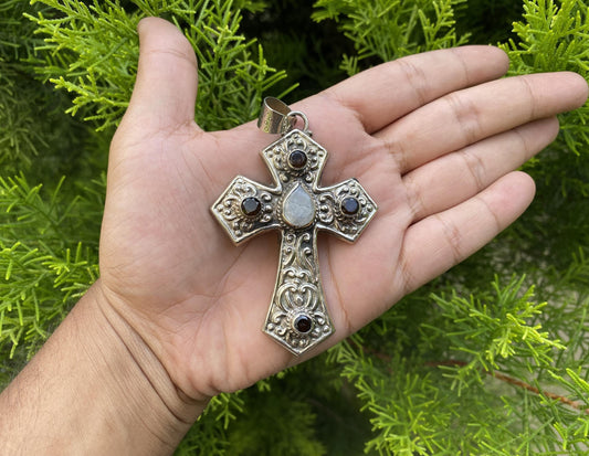 Large Tibetan Silver Cross Pendant with Moonstone and Smoky Quartz | Spiritual Christian Jewelry for Daily Wear, Religious Gift, Crucifix