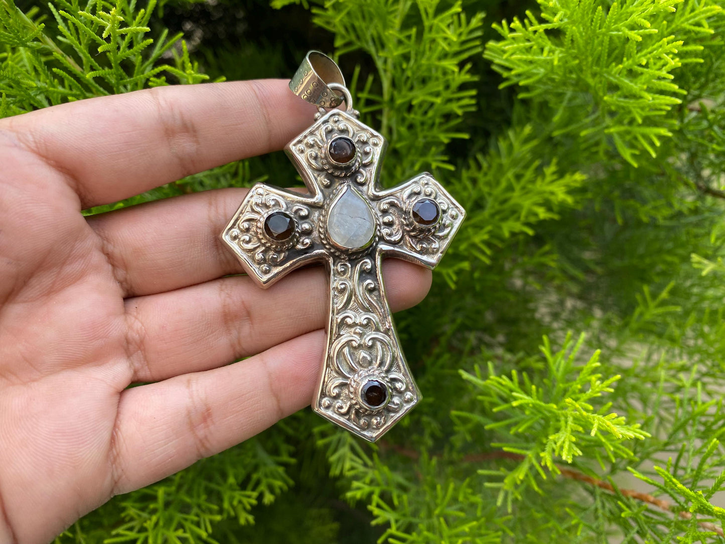 Large Tibetan Silver Cross Pendant with Moonstone and Smoky Quartz | Spiritual Christian Jewelry for Daily Wear, Religious Gift, Crucifix