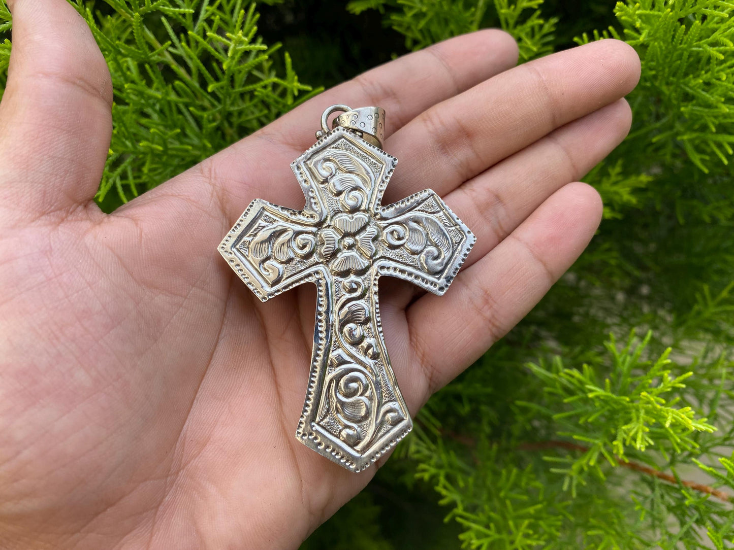 Large Tibetan Silver Cross Pendant with Moonstone and Smoky Quartz | Spiritual Christian Jewelry for Daily Wear, Religious Gift, Crucifix