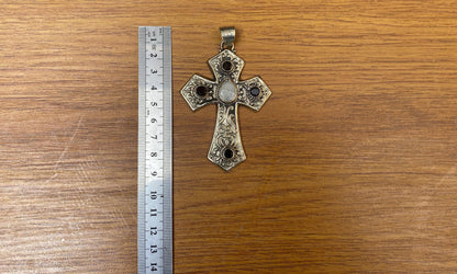 Large Tibetan Silver Cross Pendant with Moonstone and Smoky Quartz | Spiritual Christian Jewelry for Daily Wear, Religious Gift, Crucifix