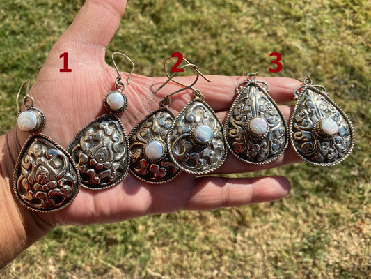 Large Tibetan Silver Earrings, Natural Pearl, Birthstone Earrings, Birthday Gift, Dangle Earrings, Bridesmaid Earring, Light Weight Earrings