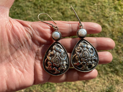 Large Tibetan Silver Earrings, Natural Pearl, Birthstone Earrings, Birthday Gift, Dangle Earrings, Bridesmaid Earring, Light Weight Earrings