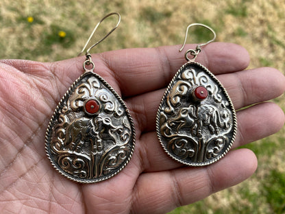 Large Tibetan Silver Elephant Design Earrings, Red Coral Stone, Birthstone Earring, Birthday Gift, Bridesmaid Earring, Light Weight Earring