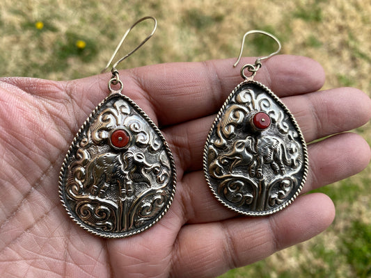 Large Tibetan Silver Elephant Design Earrings, Red Coral Stone, Birthstone Earring, Birthday Gift, Bridesmaid Earring, Light Weight Earring