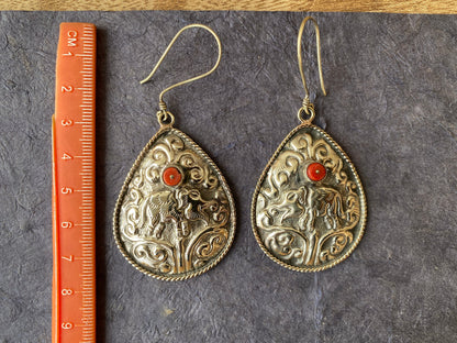Large Tibetan Silver Elephant Design Earrings, Red Coral Stone, Birthstone Earring, Birthday Gift, Bridesmaid Earring, Light Weight Earring