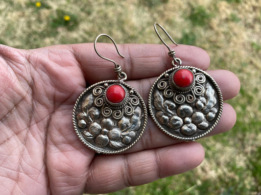 Large Tibetan Silver Flower Design Earrings, Red Coral Stone, Birthstone Earring, Birthday Gift, Bridesmaid Earring, Light Weight Earring