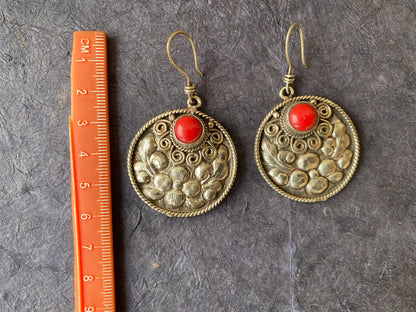 Large Tibetan Silver Flower Design Earrings, Red Coral Stone, Birthstone Earring, Birthday Gift, Bridesmaid Earring, Light Weight Earring
