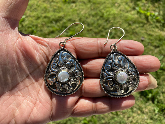 Large Tibetan Silver Pearl Earrings, Birthstone Earrings, Birthday Gift, Dangle Earrings, Bridesmaid Earring, Light Weight Earrings