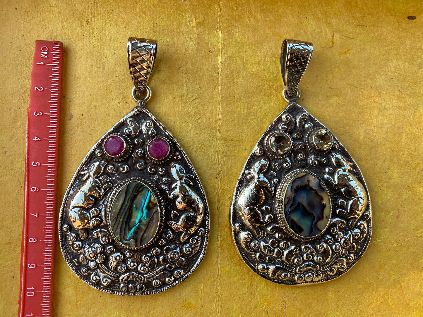 Large Tibetan Silver Pendant, Abalone with Ruby or Citrine Gemstone, Hand carved Jewelry from Nepal, Ethnic Tribe Jewelry,Birthstone Pendant