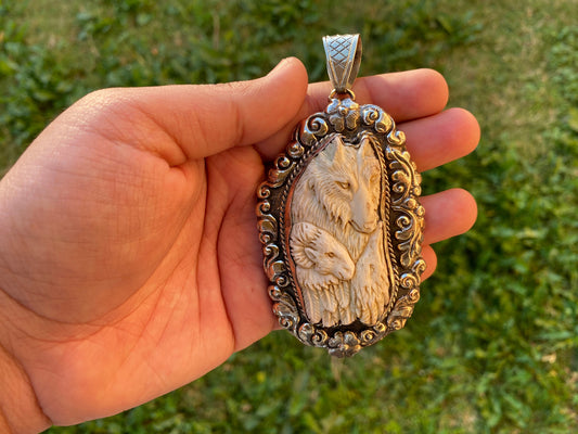 Large Tibetan Silver Pendant, Bear Eagle with Sheep Hand Carved Buffalo Bone Jewelry, Animal Inspired Jewelry, Wild Life Jewelry, Unisex