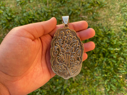 Large Tibetan Silver Pendant, Bear Eagle with Sheep Hand Carved Buffalo Bone Jewelry, Animal Inspired Jewelry, Wild Life Jewelry, Unisex