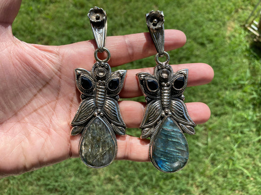 Large Tibetan Silver Pendant, Labradorite Natural Stone, Black Onyx Gemstone, Tibetan Jewelry, Ethnic Jewelry, Pendant for Necklace