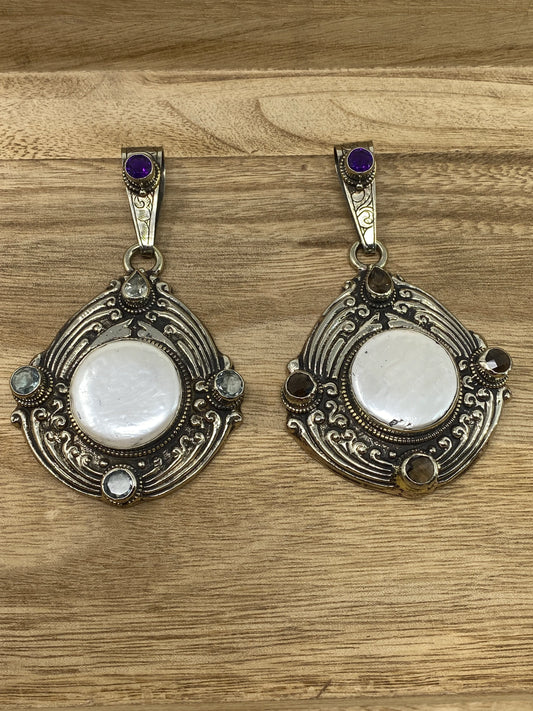 Large Tibetan Silver Pendant, Mother of Pearl, Faceted Amethyst, Aquamarine or Smoky Topaz, Hand carved Animal Designs on the Back, Jewelry