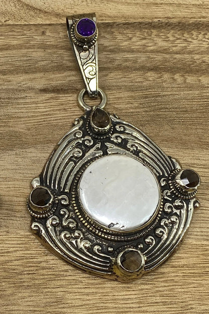 Large Tibetan Silver Pendant, Mother of Pearl, Faceted Amethyst, Aquamarine or Smoky Topaz, Hand carved Animal Designs on the Back, Jewelry