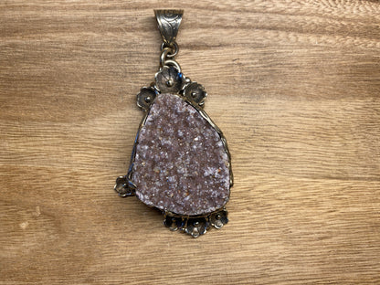 Large Tibetan Silver Pendant, Natural Druzy, Handcrafted Around, Animal Carving , Relaxation, Stress Relief, Healing, Meditation Jewelry