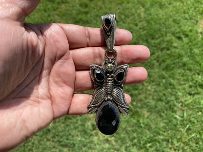 Large Tibetan Silver Pendant, Black Onyx Natural Stone, Smoky Topaz Gemstone,Tibetan Jewelry From Nepal, Ethnic Jewelry,Pendant for Necklace
