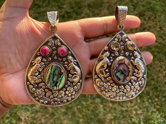 Large Tibetan Silver Pendant, Abalone with Ruby or Citrine Gemstone, Hand carved Jewelry from Nepal, Ethnic Tribe Jewelry,Birthstone Pendant