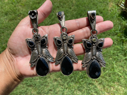 Large Tibetan Silver Pendant, Black Onyx Natural Stone, Smoky Topaz Gemstone,Tibetan Jewelry From Nepal, Ethnic Jewelry,Pendant for Necklace