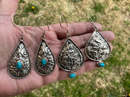 Large Tibetan Silver Tibetan Designs Earrings, Turquoise Stone, Birthstone Earring, Birthday Gift, Bridesmaid Earring, Light Weight Earring