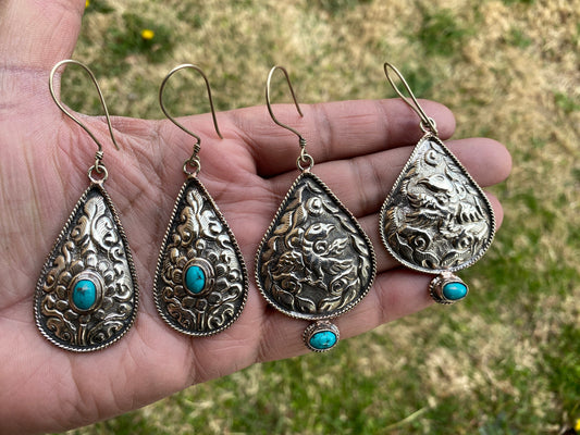Large Tibetan Silver Tibetan Designs Earrings, Turquoise Stone, Birthstone Earring, Birthday Gift, Bridesmaid Earring, Light Weight Earring