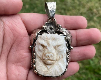 Large Tiger Hand Carved Bone Tibetan Silver Pendant,  Save The Tiger, Best Cute Gift, Wild Life Jewelry, Christmas Gift for Animal Lovers