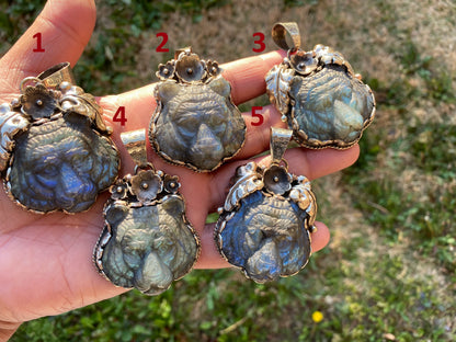 Large Tiger Head Hand Carved Labradorite Tibetan Silver Pendant, Tiger Pendant, Natural Labradorite Tiger, Crystal Pendant, Animal Pendant