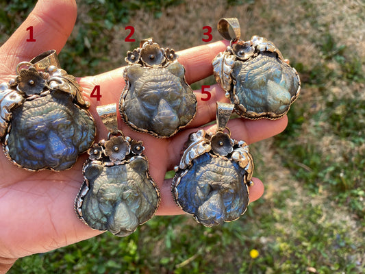 Large Tiger Head Hand Carved Labradorite Tibetan Silver Pendant, Tiger Pendant, Natural Labradorite Tiger, Crystal Pendant, Animal Pendant
