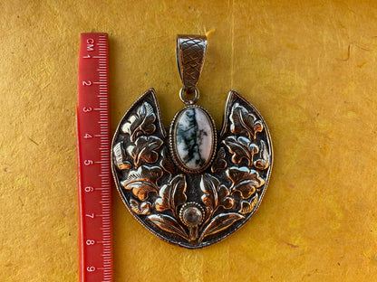 Large Tree Agate Natural Stone, Tibetan Silver Pendant, White Topaz Gemstone Pendant, Himalayan Traditional Jewelry, Hand Carved Jewelry