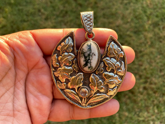 Large Tree Agate Natural Stone, Tibetan Silver Pendant, White Topaz Gemstone Pendant, Himalayan Traditional Jewelry, Hand Carved Jewelry