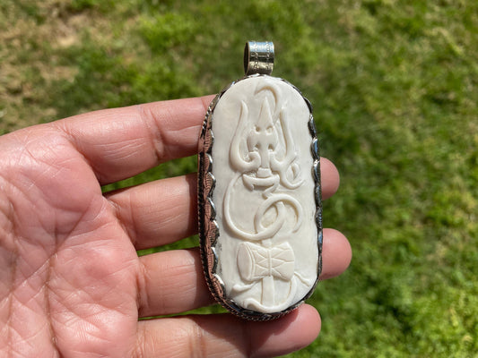 Large Trident Bone Tibetan Silver Pendant, Trident with Damru, Shiva's Weapon, Hindu God Lord Siva, Universal Symbol, Spiritual Hindu Amulet