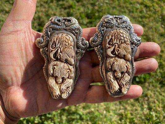 Large Bear with Eagle Carved Buffalo Bone Tibetan Silver Pendant, Jewelry for Men or Women, Ethnic Jewelry, Bone Pendant for Necklace, Boho