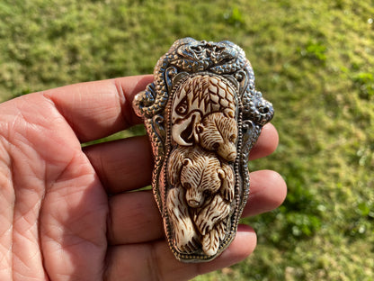 Large Bear with Eagle Carved Buffalo Bone Tibetan Silver Pendant, Jewelry for Men or Women, Ethnic Jewelry, Bone Pendant for Necklace, Boho