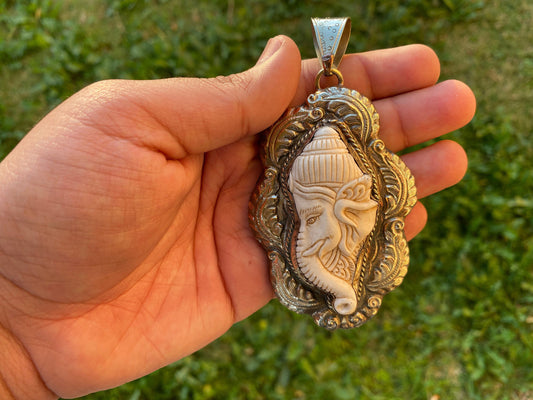 Large Bone Carved Ganesh Tibetan Silver Pendant, Yoga Pendant, Religious Jewelry, Spiritual Pendant, Jewelry for Men or Women, Hindu God