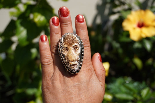 Large Buffalo bone Ring with Carved bull face on Bone | Natural Tibetan Silver Ring, Ring for daily wear, Unisex healing Jewelry